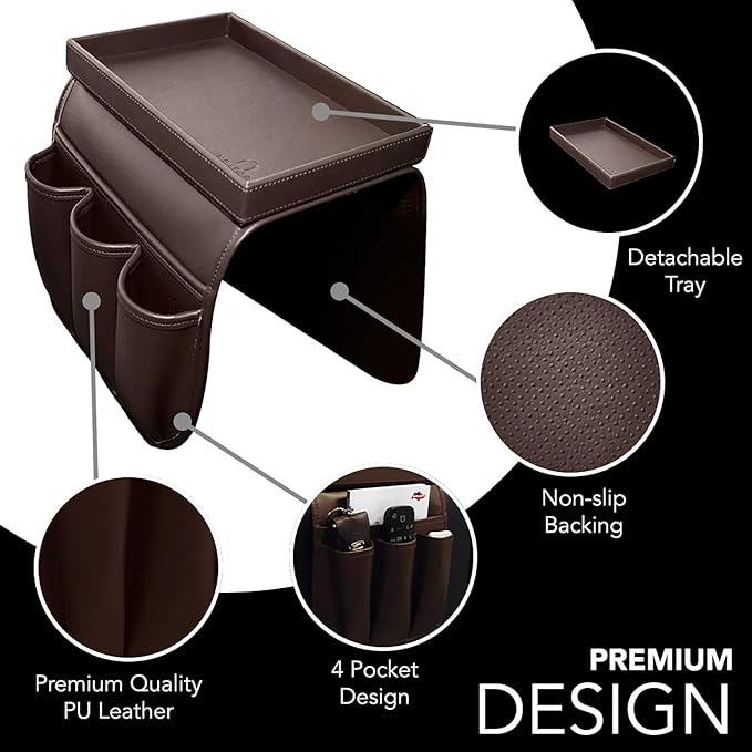 Couch Remote Caddy Control Holder Sofa Organizer with Detachable Wooden Snack Tray for Recliner Mattresses Chair Armrests with 4 Slots - 1 Large Pockets and 3 Small Pockets (Brown)