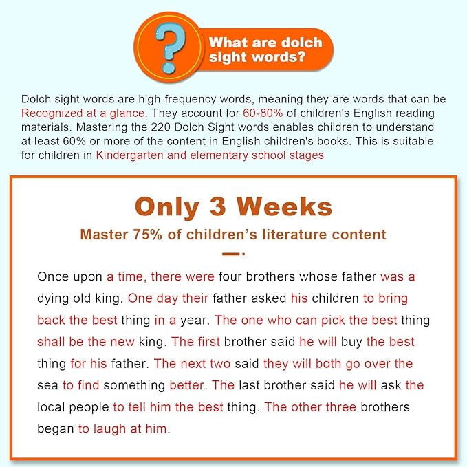 Sight Words Flash Cards Kindergarten - 220 Dolch Sight Words for Pre K, Kindergarten, 1st, 2nd, 3rd Grade - Homeschool Essential Learning Tools - Vocabulary Builder Montessori Toy for Kids 3-5 4-8 5-7