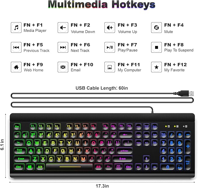 Large Print Backlit Keyboard, USB Wired Computer Keyboard, Full Size Keyboard with Rainbow Illuminated LED Compatible for Windows Desktop, Laptop, PC, Gaming, Black