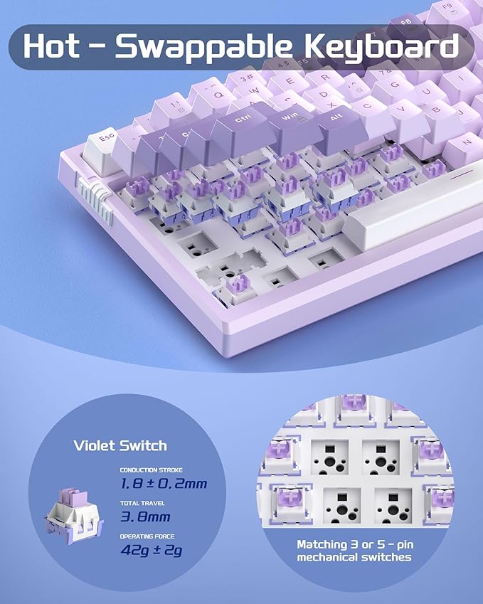 MageGee SKY81 75% Mechanical Gaming Keyboard, Gasket Hot Swappable Wired Custom Creamy Keyboard with 5-Layer Sound Dampening, Knob Control, RGB Backlit, NKRO for Win/Mac (Violet, Violet Switch)