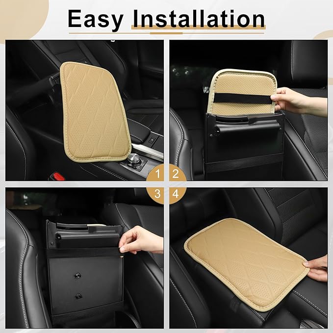 Amiss Auto Center Console Pad, Universal Waterproof Car Armrest Seat Box Cover, Car Interior Accessories, Breathable Leather Auto Armrest Cover Protector for Most Vehicle, SUV, Truck, Car (Beige)