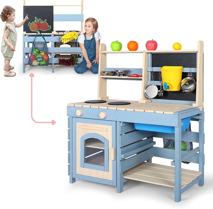 2 in 1 Mud Kitchen for Kids,Outdoor Play Kitchen & Grocery Store with Sink & Faucet,Blackboard,Utensils,Stove Top,Storage Bag,Backyard Garden Worktop Toy Toddler Kitchen for Boys and Girls