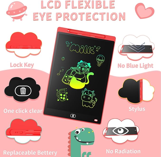 [2 Pieces] 12 Inch LCD Colorful Writing Graphic Tablet, Erasable Drawing Board, Kids Gift, Graphic Board for Games for 3 4 5 6 7 Years (Blue & Red)