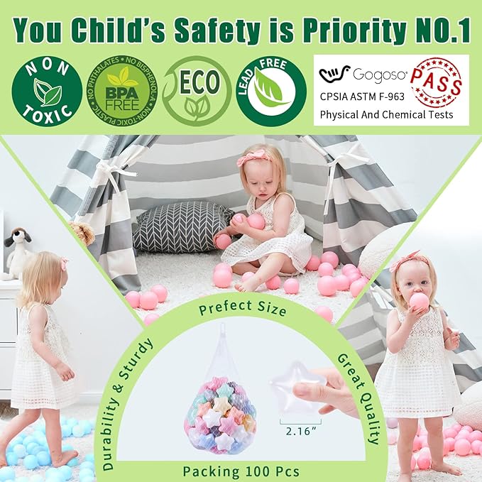 GOGOSO Star Ball Pit Balls for Kids - 100pcs Friendship Bracelet Balls Play Balls Soft Plastic Balls for Toddler Ball Pits Play, Pool Tent Party Favors Summer Water Bath Toy