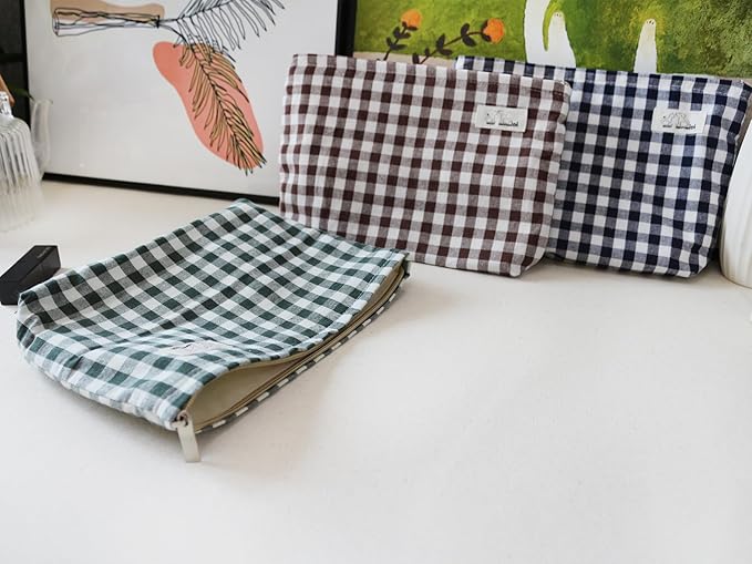 HAPPYHEIDI Brown Gingham Cotton Makeup Bag Cosmetic Travel Pouch Purse Organizer, Zipper Closure, Canvas Lined, Vintage Coffee Brown