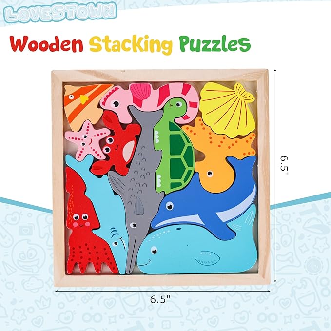 LovesTown 12PCS Wooden Stacking Puzzles, Educational Toys Sea Animal Chunky Jigsaw Puzzles for Kids