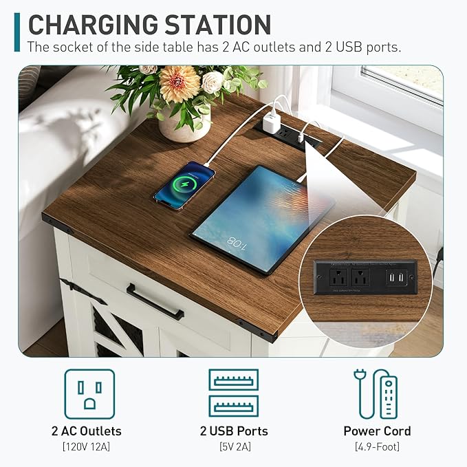 White Farmhouse End Table with Charging Station, 24" Large Sofa Side Table with Drawer, Large End Table for Living Room, Wooden Nightstand with Outlet, Square, White and Walnut