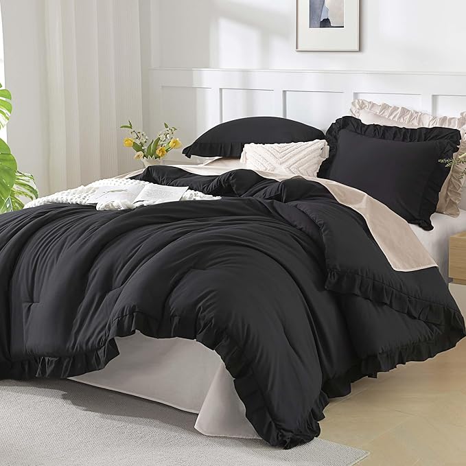 Andency Black Ruffle Comforter Oversized Queen(98x98Inch), 3 Pieces(1 Ruffled Comforter and 2 Pillowcases) Solid Farmhouse Shabby Chic Bed, Vintage Rustic Soft Microfiber Bedding Set