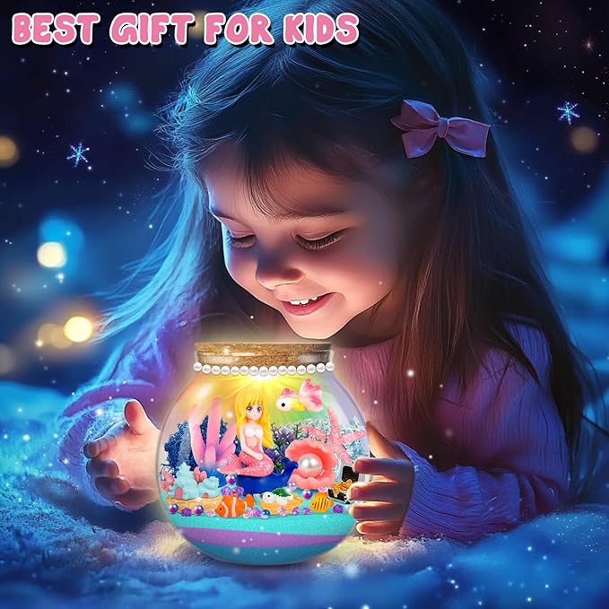 Light Up Mermaid Terrarium Kit for Kids, DIY Mermaid Toys Craft Kits for Kids, LED Night Light with Remote for Girls Ages 4-12 Year Old, 4 Light Modes, DIY Arts & Crafts Gift for Girls