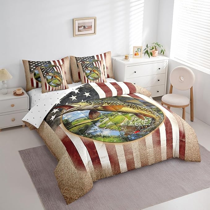 Kids Pike Fish 7 Piece Bedding Set Full Size Fishing and Hunting Bed in a Bag for Boys Bedroom Decor Bass Big Fish Comforter Set with Sheets,Pillowcases & Pillow Covers Farmhouse Soft