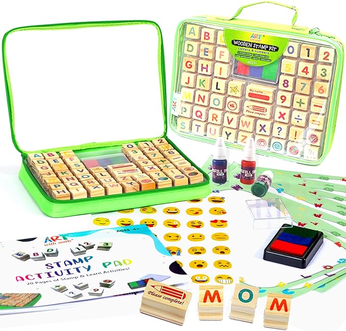 Large Wooden Stamp Premium Set for Kids. 72 Pcs Alphabet Stamps. Letters, Numbers, 3-Color Washable Ink Pad, 3 Refill Bottles, Activity Book. Ideal Creativity Kit for Back to School