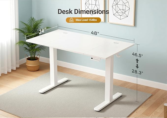 Seang Electric Height Adjustable Standing Desk, 48 x 24 Inch Sit-Stand Workstation with T-Style Frame, 3 Memory Height Options & Built-in Cable Management for Home Office, White Frame/White Top