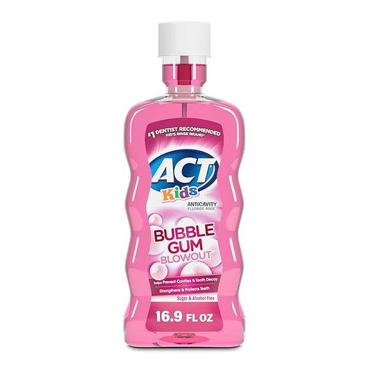 ACT Kids Anticavity Fluoride Mouthwash, Sugar & Alcohol Free Mouth Rinse Strengthens Teeth, Bubble Gum Blowout, 16.9 fl. oz.