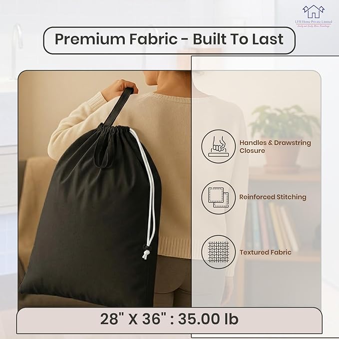 LFH Home Large Premium 1pack Cotton Canvas Laundry Bag with Drawstring and Handles Heavy Duty, Multi-Use, and Washable for Home, Travel, College or Storage 28x36-Black