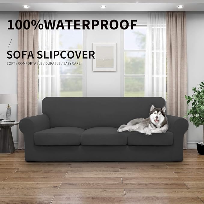 Easy-Going 100% Dual Waterproof Oversized Cover Stretch Soft Couch Cover for Dogs, Sofa Slipcover for 3 Separate Cushion Couch Leakproof Furniture Protector for Kids, Pets Dark Gray