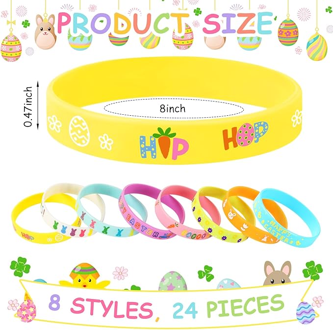 JUNEBRUSHS 24Pcs Easter Party Favors Silicone Bracelets Egg Bunny Rubber Wristbands for Kids Teens Easter Basket Fillers Gift Party Decorations (8 Designs)