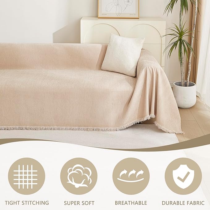 MYSKY HOME Sofa Covers for Futon Couch Cushion Cover with Tassel Edge Khaki Couch Covers Thick Soft for Cats Vintage Sofa Seat Covers Couch Cover for Dogs Universal Furniture Protector, 71"x 102"