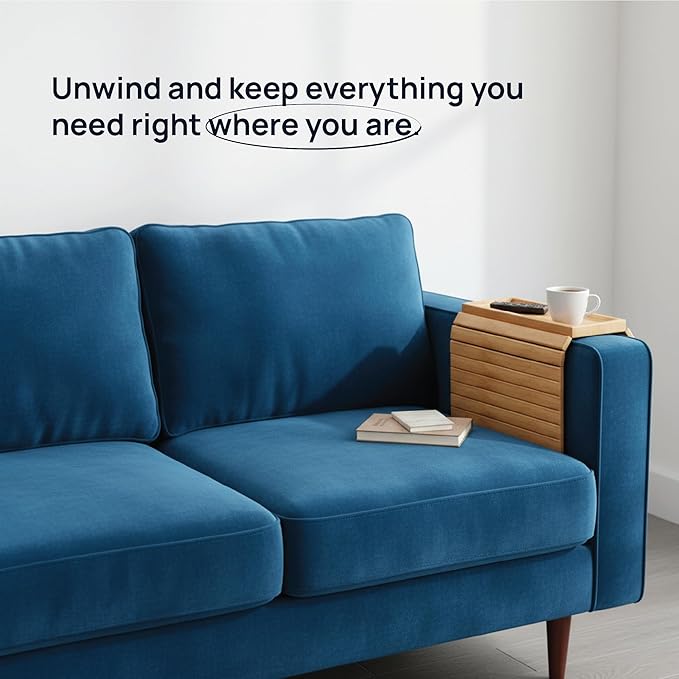 Bamboo Sofa Arm Tray – Flexible Couch Armrest Table with Non-Slip Drink Holder, Fits Straight Arm Sofas, No Assembly Required