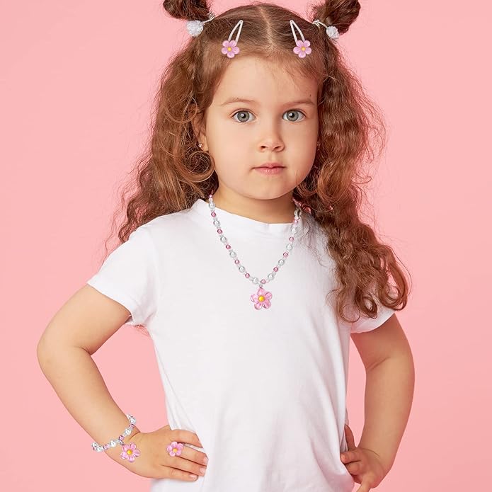 Girls Flower Jewelry Set - Toddler Dress up 5 Piece Pretend Plasy Toy Jewelry Box Set with Bead Necklace, Bracelet Ring and Hair Clips - Play Accessories - Ages 3+ Girl Birthday Gifts