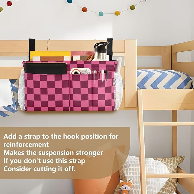 Checkered Hot Pink Bedside Caddy for Dorm Bed Bedside Hanging Caddy Bag Iron Frame Storage Organizer Pocket for Bunk Home College Hospital Beds 2 Hooks