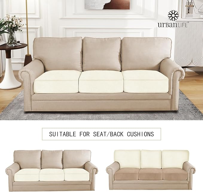 URBANLIFE Stretch Couch Cushion Covers Set of 3 – Replacement Individual Sofa Seat and Back Cushion Slipcovers with Full Elastic Hem, Soft Textured Fabric, Fits 27"x38", Machine Washable (Cream)
