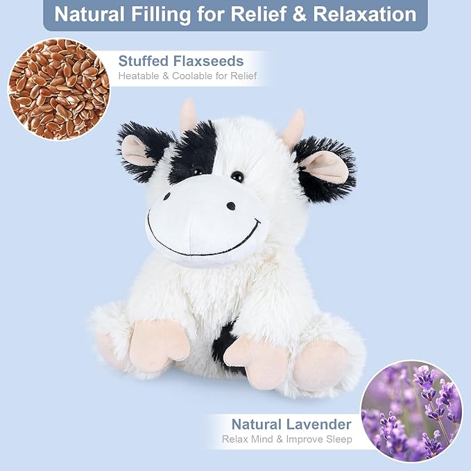 Heatable & Coolable Cow Stuffed Animal, Heated Stuffed Animals Heating Pad for Soothing & Relaxation, Lavender Scent Cow Plush for Stress Discomfort, Cows Gift for Kid & Aldult, Dairy Cattle