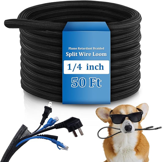 Pangda 50ft Split Wire Loom Tubing Flame Retardant Braided Cable Sleeve Split High Temperature Cable Conduit Auto Wire Conduit for Industrial Electrical Tinsel Automotive Marine(50 Ft, 1/4")