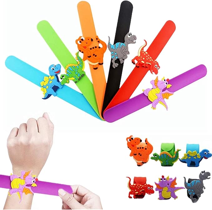 24pcs Cartonn Dragon Dinosaur Theme Slap Bracelets silicone Wristbands Keychain Ring and Bookmarks Party Favors