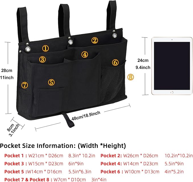 Bedside Organizer, Durable Bunk Bed Caddy, Multi-Pocket Hanging Storage Bag for College Dorm, Home, Hospital and Baby Stroller, Easy Installation, Metal Rivets Added, Oxford Fabric (Black)