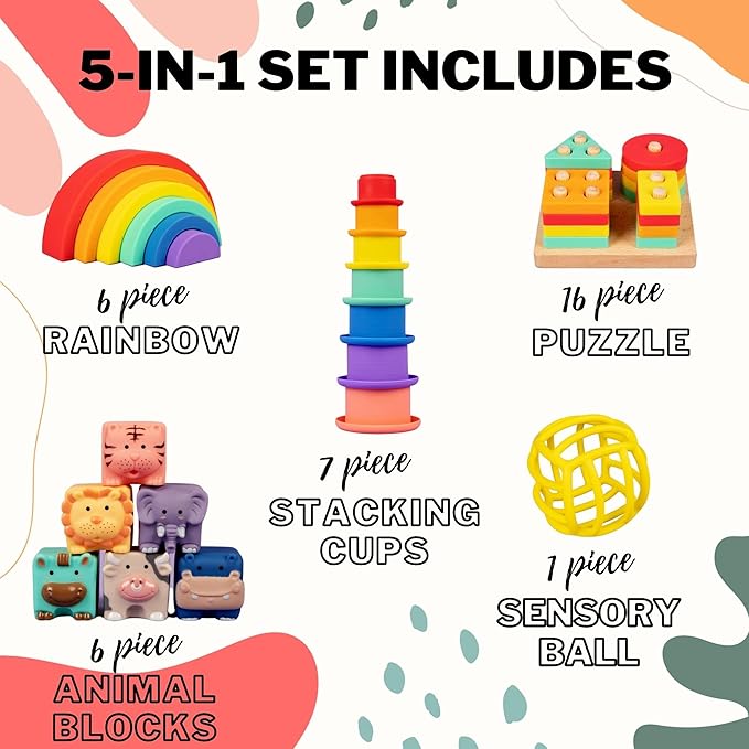 Mac & Friends 5-in-1 Montessori Toy Set Designed by Parents | Great Gift for Baby Shower, New Sibling or Birthday Party | Educational Soft Sensory Toys for 0 Months to 3+ Years