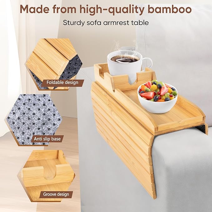 Foldable Bamboo Couch Arm Tray with Cup Holder - Anti-Slip Sofa Armrest Organizer for Drinks, Snacks, Remotes, Phones & More - Eco-Friendly Home Decor Gift (Bamboo)