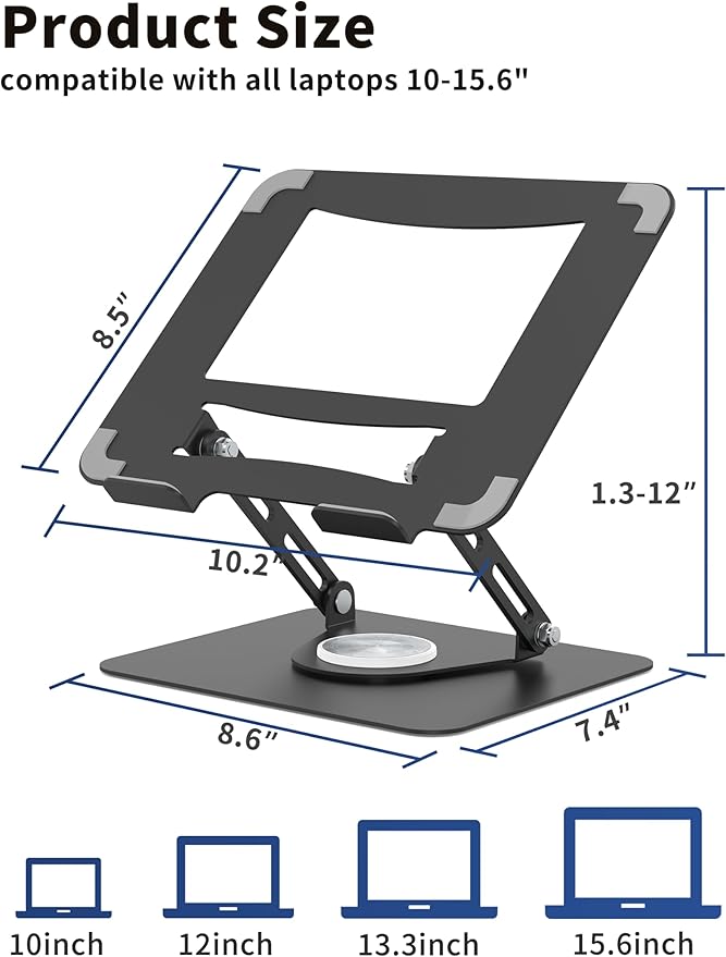 ALASHI Laptop Stand for Desk with 360 Rotating Base, Multi-Angle Adjustable Laptop Stands, Foldable Laptop Riser Compatible with 10 to 15.6 Inches PC Computer, Black