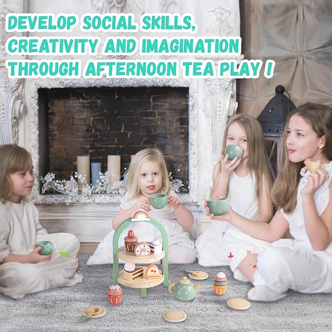 GAGAKU Wooden Tea Set for Little Girls Tea Set for Toddler Food Pretend Play Accessories Kids Kitchen Playset Tea Set for Toddlers