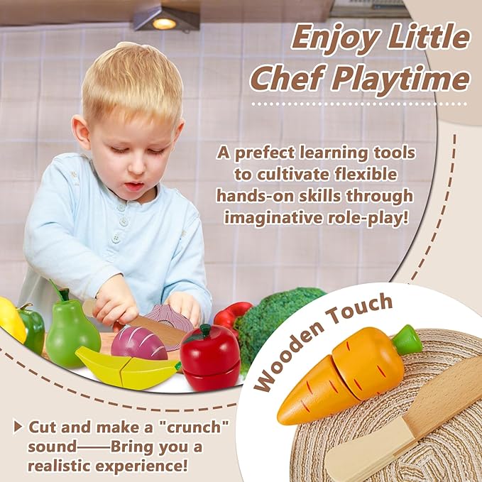 HERSITY Wooden Play Food Set Cutting Fruits and Veggies Toys for Toddlers 1-3, Pretend Play Kitchen Accessories Montessori Educational Toys for Kids Boys Girls 18 Months+