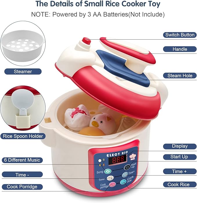 25PCS Kids Kitchen Pretend Play Toys, Mini Electronic Rice Cooker Toys, Cooking Toys with Music Steam Effect, Cookware Kits Kitchen Playset Food Accessories for Toddlers Boys Girls