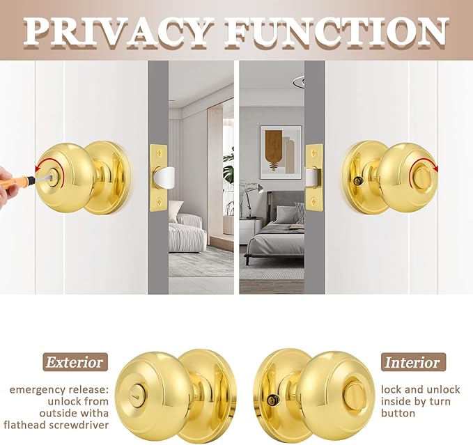 Probrico Privacy Door Knobs Lock Interior Bedroom Bathroom Door Handle Polished Brass Round Ball Keyless Lockset 4 Pack