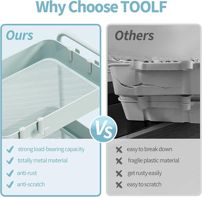 TOOLF 4-Tier Metal Rolling Cart with Wheels, Storage Utility Organizer Cart for Kitchen, Bathroom, Office, Baby Essentials & Makeup - Lockable Casters, Easy Assembly, Large Capacity, Green