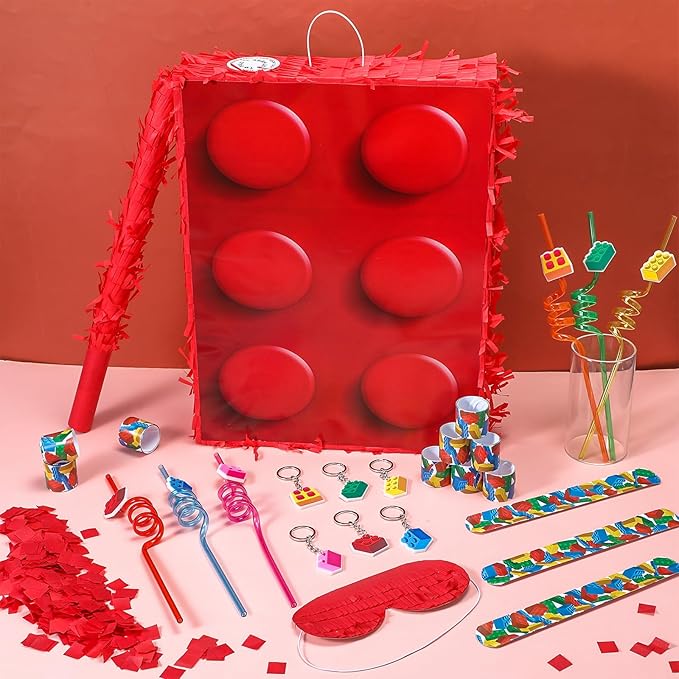 25 Pcs Building Blocks Party Supplies Fiesta Piñata Bundle with Blindfold Bat Stick and Confetti 12 Slap Bracelets 6 Keychain 6 Straws Building Block Theme Birthday Carnival Party Decoration