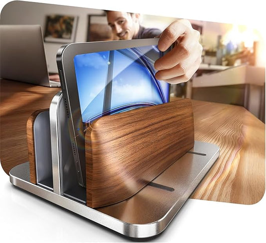 𝟮𝟬𝟮𝟲 𝗨𝗽𝗴𝗿𝗮𝗱𝗲𝗱 Vertical Laptop Stand, [Black Cedar Wood Dual-Slot], Desktop Aluminum Alloy MacBook Stand, Adjustable Base, for MacBook Pro/Air, (up to 17.3-inch gaming laptops), Silver