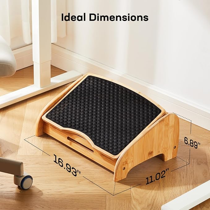 HUANUO Bamboo Under Desk Footrest, Ergonomic Foot Rest with 4 Height Options & Adjustable Angles, Pebble Massage Surface, Non-Slip Foot Rest for Under Desk at Work for Improved Posture, Home & Office