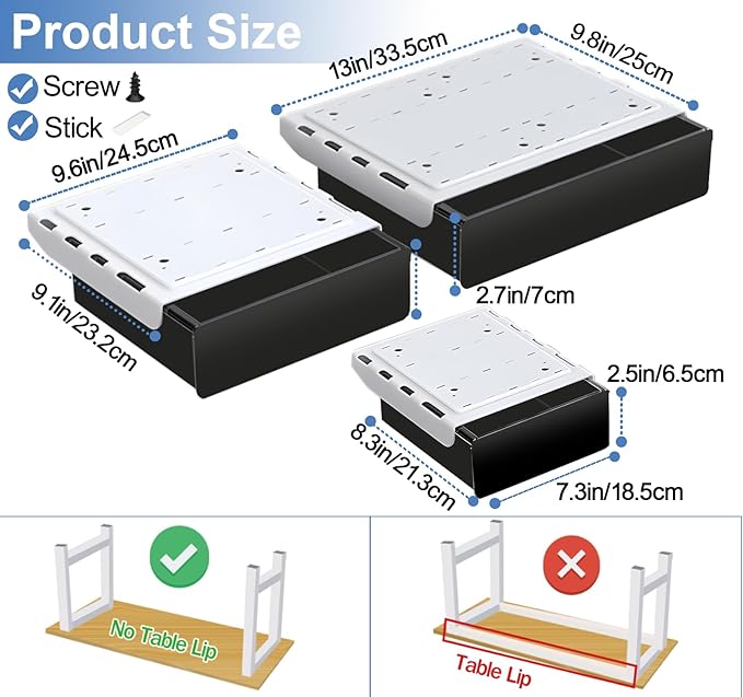 Under Desk Table Drawer Storage Organizer,3 Pack Large & Medium & Small Slide Out Desk Drawers - Hidden Desktop Organizer,Adhesive Storage Pencil Tray Under Table(BLACK/LMS)