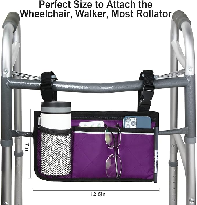 Wheelchair Side Bag, Armrest Storage Pouch with Cup Holder and Reflective Strip for Wheelchairs, Walkers or Rollators (Purple)