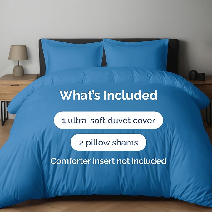 CGK Unlimited Duvet Cover Queen Size Set - Extra Soft Queen Size Duvet Cover 90 x 90 with 2 Pillow Shams - Hotel Quality w/Zipper Closures & Ties - Bedding and Bed Linens Set (Denim Blue)