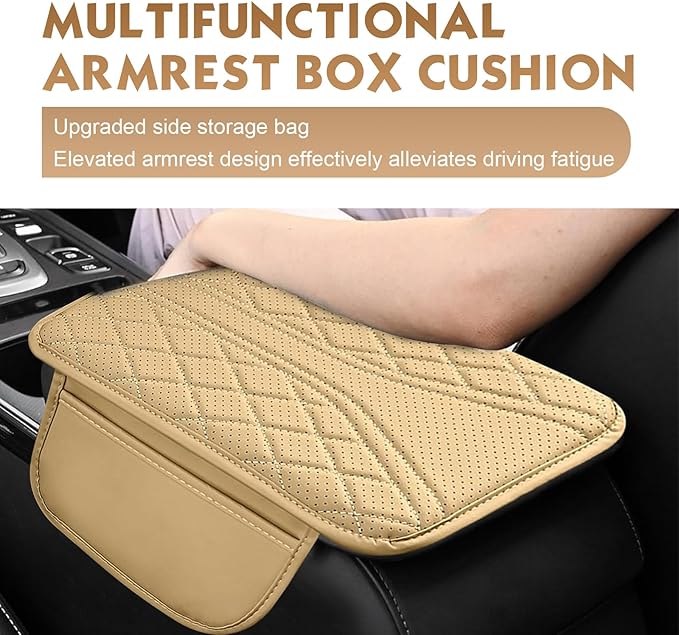 Arwrilt Car Center Console Cover, Leather Automotive Armrest Cushion with 2 Storage Bags, Breathable Armrest Cover, Universal Waterproof Arm Rest Protection Pad for SUV, Sedan, Truck (Beige)