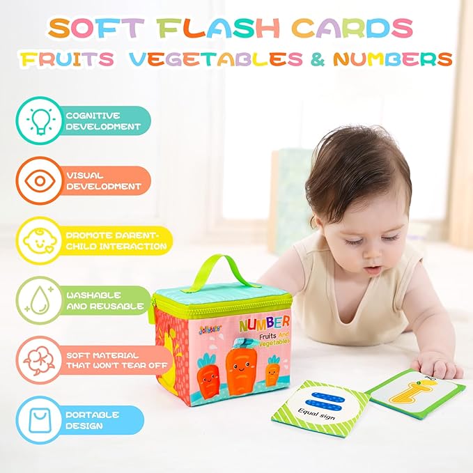 Jollybaby Reusable Soft Flash Cards for Baby 0-6-12-18 Months, Preschool Learning Resource Toys for Toddler 0-1-2-3-4 Years, Montessori Sensory Sight Words Numbers Toys for 0-6-12 Months Baby Gift