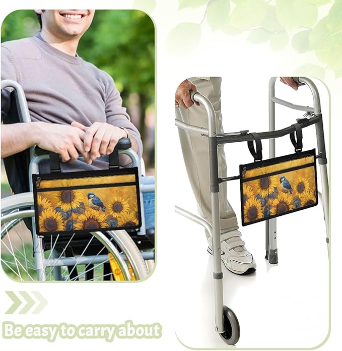 ZOUTAIRONG Sunflower Bird Wheelchair Side Bag Walker Bag, Elegant Floral Rustic Botanical Vintage Teal Wheelchair Armrest Accessories Organizer Pouch for Walkers, Rollators, Scooters