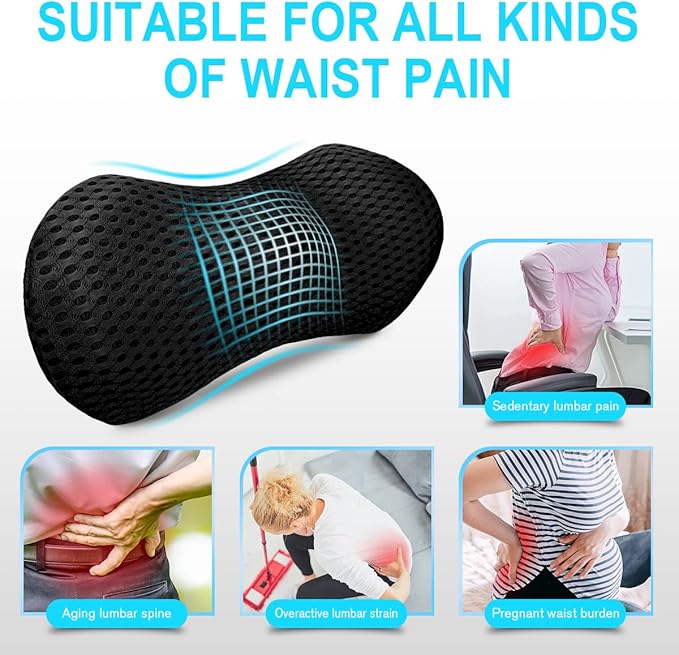 Lumbar Support Pillow for Office Chair, Memory Foam Lumbar Pillow for Lower Back Pain Relief (Black)