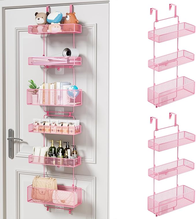 HapiRm Over Door Organizer Storage - Separable Door Organizer Hanging with 6 Metal Large Capacity Baskets for Bathroom Bedroom Kitchen Pantry Closet (Pink)