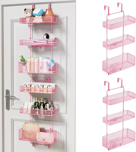 HapiRm Over Door Organizer Storage - Separable Door Organizer Hanging with 6 Metal Large Capacity Baskets for Bathroom Bedroom Kitchen Pantry Closet (Pink)