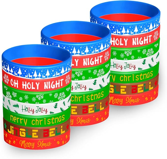 FEPITO 70 Pieces Christmas Silicone Wristbands Rubber Band Bracelets for Christmas Party Decoration Supplies 7 Merry Xmas Style